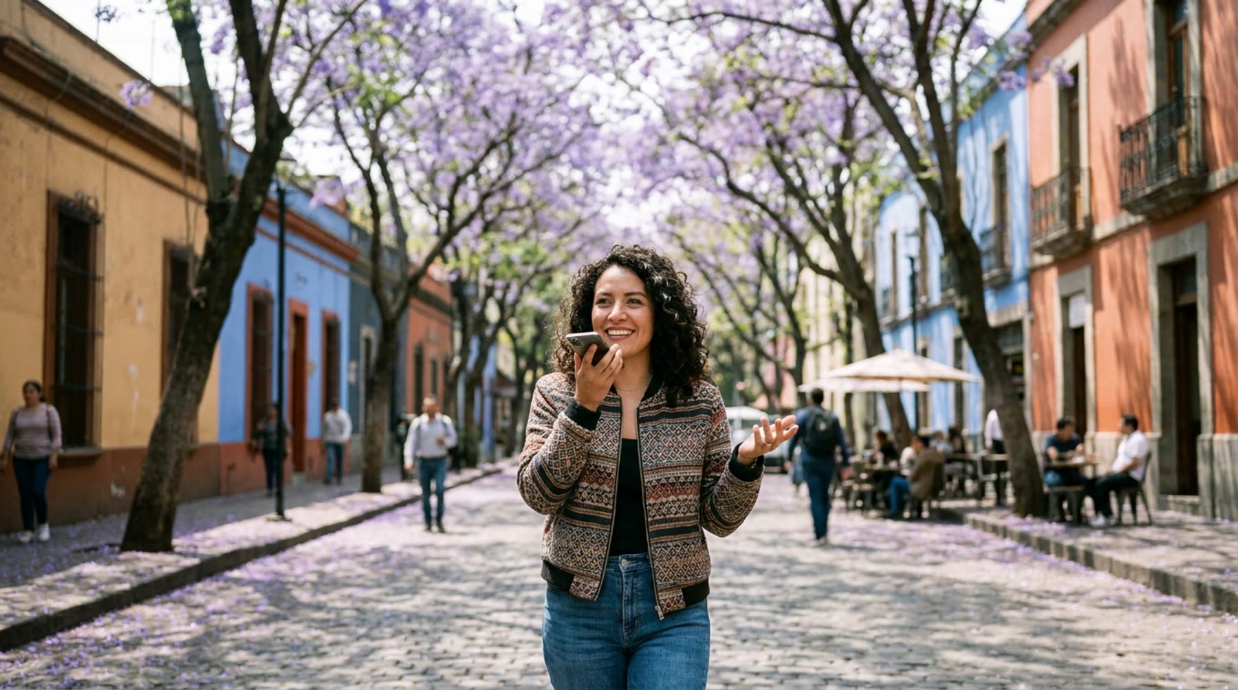 Una mujer joven le habla a su teléfono mientras camina por una calle con jacarandas en la Roma